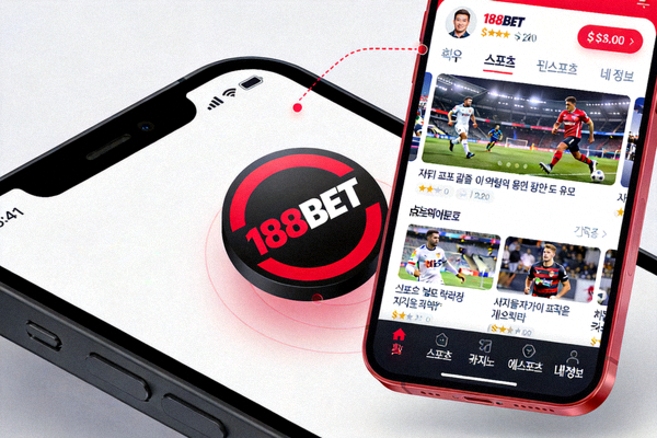 188BET 모바일 앱 사용 화면 예시 - 스마트폰에 설치된 188BET 앱 아이콘과 내부 메뉴 화면